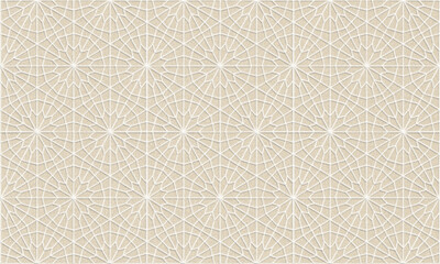 A seamless geometric pattern featuring a light beige textured background overlaid with an intricate, repeating star and polygon Islamic motif.