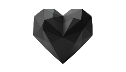 A geometric, faceted black heart shape on a black background. Minimalist design