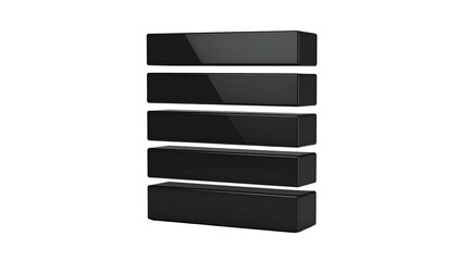 Glossy, black rectangular blocks stacked vertically against a stark black background