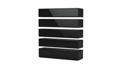 Glossy, black rectangular blocks stacked vertically against a stark black background