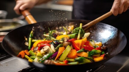 A chef stirs freshly chopped vegetables in a large wok over high heat. Various colors and types of vegetables are visible including broccoli and bell peppers.