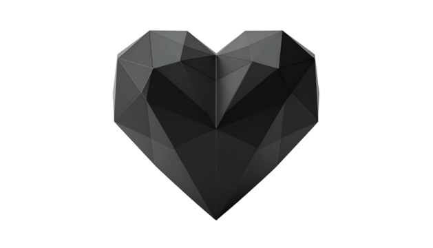 A geometric, faceted black heart shape on a black background. Minimalist design - Powered by Adobe