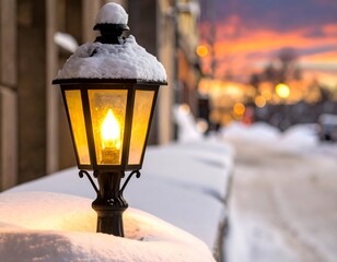 A snow-covered, glowing street lamp illuminates a winter street scene at sunset
