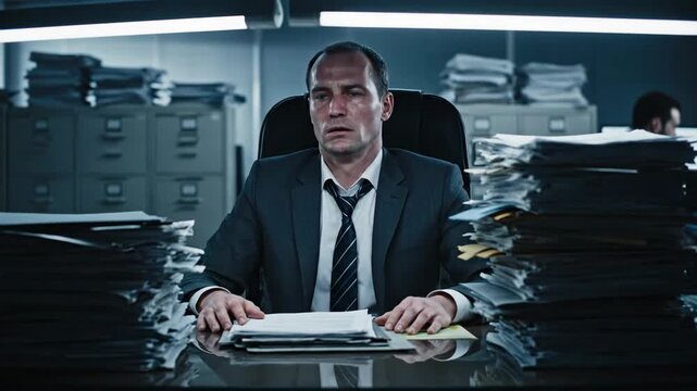 tired businessman overwhelmed by stacks of paperwork at desk