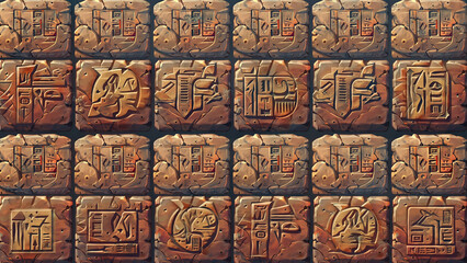 Ancient desert sandstone block tileset with mysterious hieroglyphs and carvings for game design