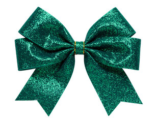 A shiny emerald green bow, tied and centered, with textured fabric detail, black background