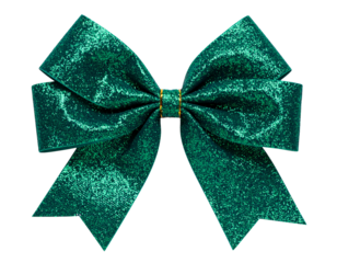 A shiny emerald green bow, tied and centered, with textured fabric detail, black background