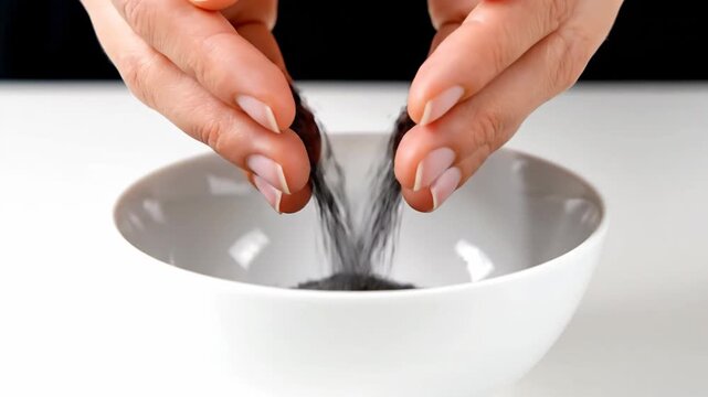 Closeup of hands cupping black sesame seeds over a white bowl