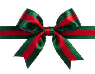 Close-up of a vibrant satin bow with red and green stripes, set on a black background