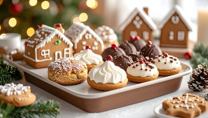 Tray of festive gingerbread houses and cookies with icing, lit by blurred Christmas lights