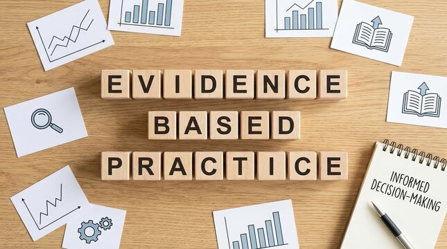 Wooden cubes labeled 'Evidence Based Practice' on wooden table. Evidence concept 