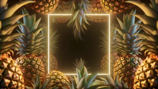 Vibrant tropical pineapple frame with glowing neon square, creating an exotic and modern background for summer and fruit-themed designs with ample copy space