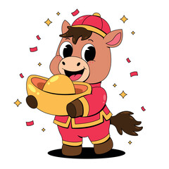 Cute Horse Character Celebrating Lunar New Year with Golden Yuanbao