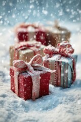 Christmas gifts sitting in fresh snow outdoors, vertical