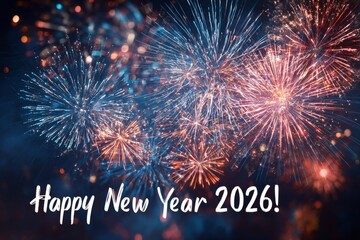Happy new year 2026 greeting text with fireworks