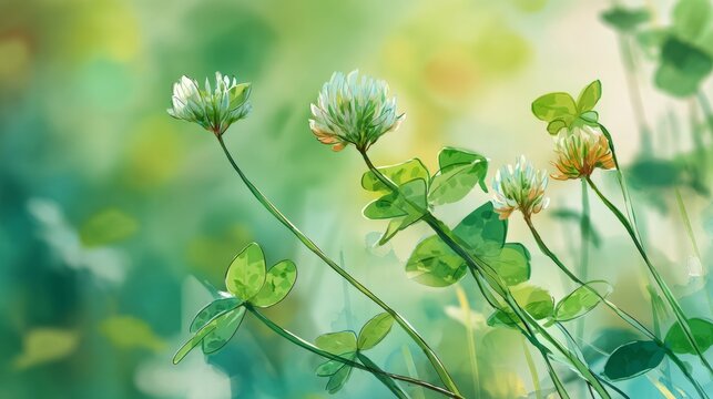White clover flowers blooming in green meadow watercolor - Powered by Adobe