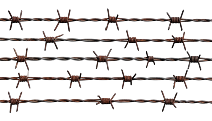 Close-up of rusted barbed wire strands against a black background