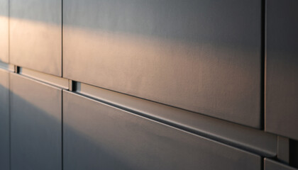 Abstract texture of modern grey metal wall panels with sunlight