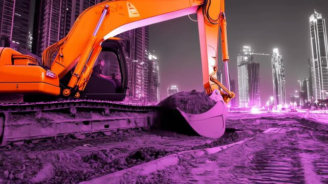 Futuristic urban skyline night construction with orange excavator and neon light heavy machine tracked vehicle sandy ground, dramatic industrial