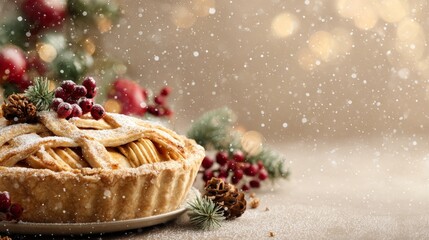 Christmas apple pie with lattice crust during snowfall