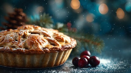 Christmas pie with cranberries and falling snow