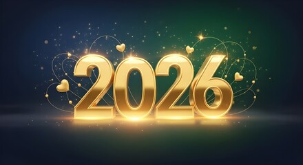 Luxury Happy New Year 2026 Celebration with Golden 3D Numbers and Hearts on Dark Green Elegant Background, Generative AI.
