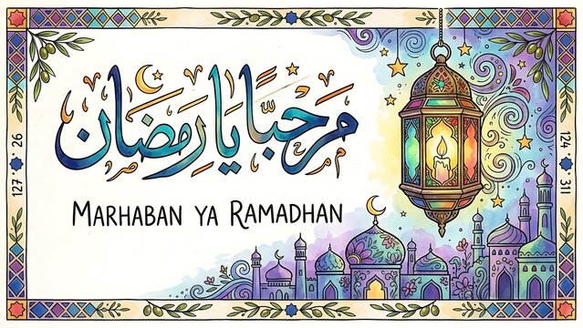 Marhaban Ya Ramadhan - Welcome Ramadan Greeting Illustration with Mosque and Lanterns