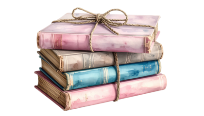 Watercolor stack of old books tied with twine, romantic aesthetic