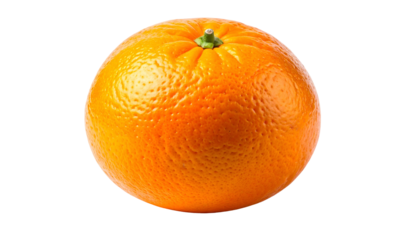 A round, vibrant orange citrus fruit, with a textured rind and green stem, isolated
