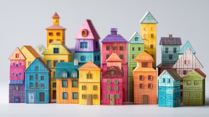 Small wooden houses in many colors are placed together on a table. Each house has a unique shape and design. This scene captures a cheerful view of a miniature village made from wood.