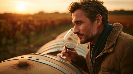 Winemaker Tasting Wine from Barrel at Sunset