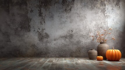 Pumpkins are placed on a wooden floor beside two vases with dry flowers against a textured gray wall in a softly lit space. This setting reflects autumn vibes with simple decor.
