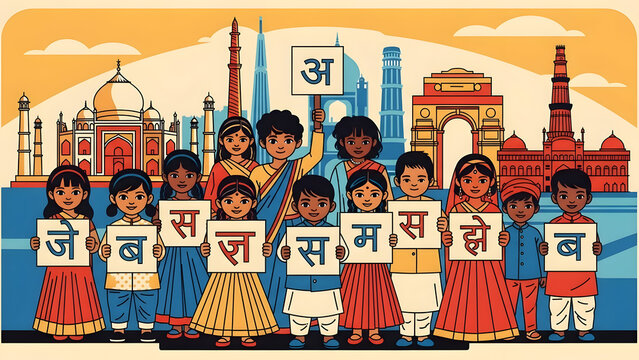 Diverse children holding Hindi alphabet signs with famous Indian landmark silhouettes, educational language learning concept celebrating culture, heritage, and early childhood education,