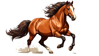 A brown horse with a flowing mane and tail, running across a sparse backdrop