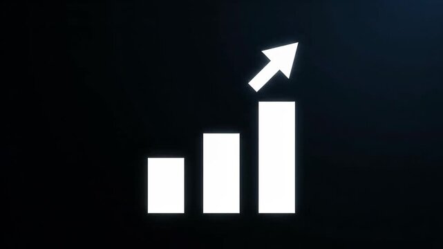A simple white bar graph with an upward arrow on a black background