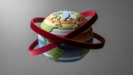 Artistic quilled globe with red ribbon orbiting, representing global connection and movement