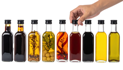Hand selecting a glass bottle among others with colorful liquids