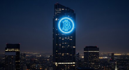 Bitcoin Logo on Skyscraper at Night.