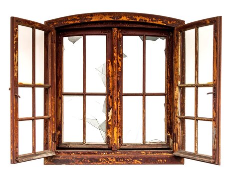 Aged, rusty window frame with broken glass, open against white