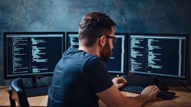 Focused programmer and developer coding software computer screen and multiple monitor dark office, backend code debug night work tech workspace