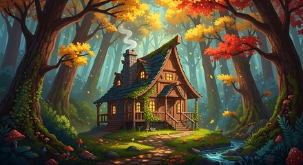 Fototapeta premium Cozy wooden house in autumn forest.