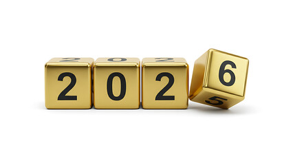 Happy New Year 2026 - Gold Dice Rolling 3D Illustration