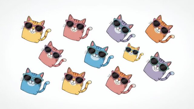 Cute Cartoon Cats Wearing Sunglasses Pattern Loop Animation
