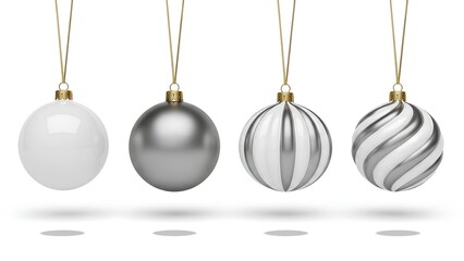 Four Christmas ornaments hanging from strings against a white background