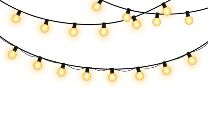 String lights with glowing bulbs hanging in multiple curved lines against a white background