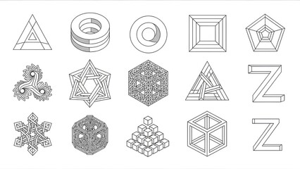 Geometric shapes and symbols arranged in a grid pattern on a white background, showcasing various forms and designs.