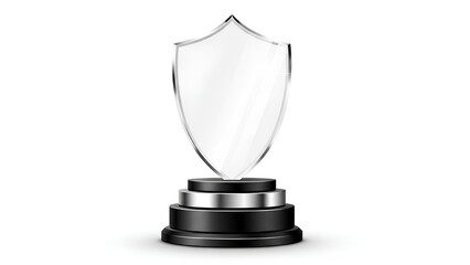 A transparent shield on a black and silver pedestal against a white background