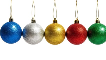 Colorful Christmas ornaments hanging in a row on a white background