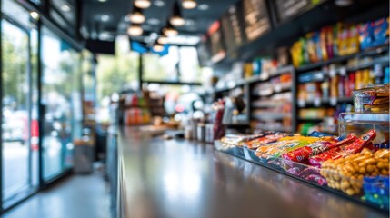 Obraz premium A vibrant convenience store interior showcasing snacks, drinks, and a welcoming atmosphere with a modern design.