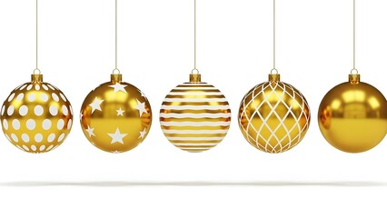 Set of five golden Christmas baubles with different patterns hanging on white background